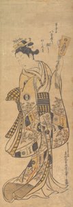 Yaoya O Shichi de pie, sosteniendo una carta de amor y un volante, ca. 1748 de Okumura Masanobu
