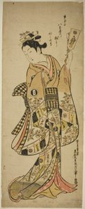 Yaoya Oshichi sosteniendo una paleta de battledore de Okumura Masanobu