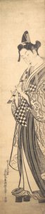 Joven caminando hacia la izquierda en geta alta y tocando la flauta mientras camina, ca. 1745