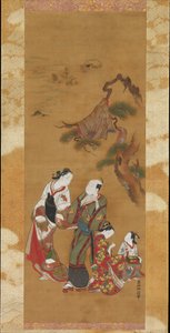 Yukihira und zwei Bräutjungfern in Suma de Okumura Masanobu