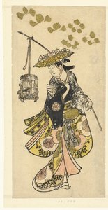 Mujer joven con jaula de Okumura Toshinobu (attributed to)