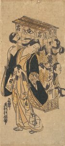 Un actor con una estantería de pelucas de Okumura Toshinobu