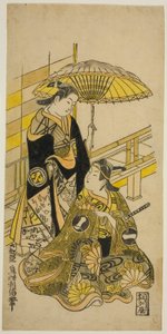 Los actores Ichikawa Monnosuke I como Kusunoki Masatsura y Arashi Wakano como Oyuki en la obra "Honen Taiheiki," representada en el Teatro Nakamura en el undécimo mes, 1723 de Okumura Toshinobu