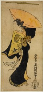 El actor Fujimura Handayu II como Nowake no Mae en la obra "Tategami Teika Kazura," representada en el Teatro Ichimura en el undécimo mes, 1719 de Okumura Toshinobu