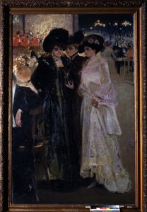 Café en París (Francia). (Café en París). Escena nocturna, tres mujeres conversan en medio de una multitud en la mesa, a lo lejos, una orquesta y las farolas de la ciudad. Pintura de Alexander Alexandrovich Murashko (Alexander Murashko) (1875-1919), óleo s de Oleksandr Murashko