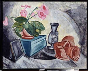 Naturaleza muerta con flores rosas. Pintura de Olga Vladimirovna Rozanova (1886-1918), óleo sobre lienzo de Olga Wladimirowna  Rosanowa