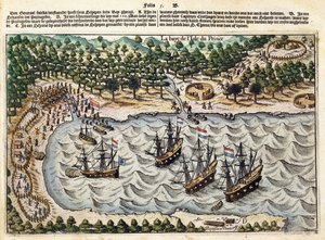 Vista de barco holandés en el puerto, c.1598-1602 de Olivier van Noort