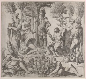 Composición Alegórica con seis dioses olímpicos reunidos alrededor de una figura en armadura, 1615-35 de Oliviero Gatti