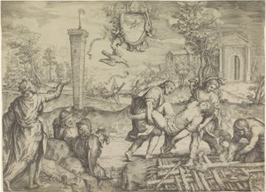 Representación alegórica con rey y esposa en la hoguera de Oliviero Gatti