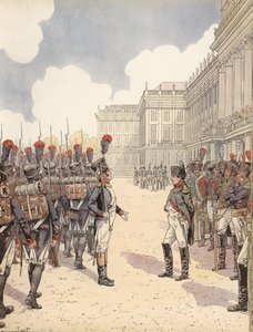 Napoleón siendo abordado por un teniente nervioso durante un desfile en Schoenbrunn de Onfray de Breville Job