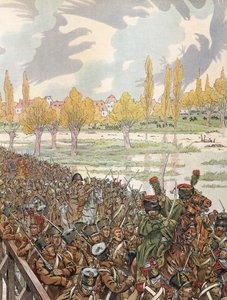 Napoleón cruzando el puente en Elster con su ejército, con un cielo ominoso de Onfray de Breville Job