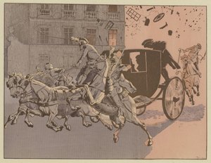 Napoleón tiene una escapada milagrosa de la explosión de una bomba, la máquina infernal, en la Rue Saint-Nicaise, París, 24 de diciembre de 1800