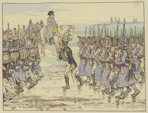 Napoleón observando mientras el último contingente del ejército en la campaña francesa marcha cerca de Reims, 16 de marzo de 1814 de Onfray de Breville Job
