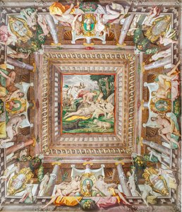 Vista del techo de la Sala de Adonis y de las piedras conmemorativas de los miembros de la familia Rossi, Gonzaga, Riario y Medici, Rocca dei Rossi, San Secondo, Parma, Italia de Orazio (attr.to) Samacchini