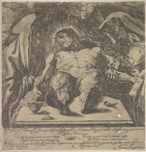 Lamentación sobre el cuerpo de Cristo por las tres Marías, un frasco de ungüento en la mesa de Orazio Borgianni