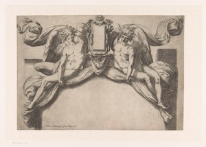 Diseño para un marco de puerta con dos genios sosteniendo una cartela de Orazio de Santis (attributed to)
