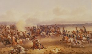 Un escuadrón de los 10º Húsares derrota a los rusos en Tchernaya, 16 de agosto de 1855, c.1890 de Orlando Norie