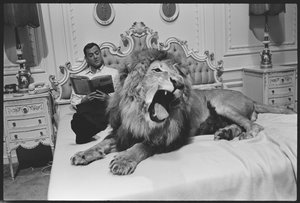Tony Randall con león (Zamba), en el set de 