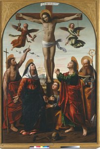 Crucifixión con la Virgen y San Juan Bautista, Santa María Magdalena, San Juan Evangelista y San Agustín de Ortolano
