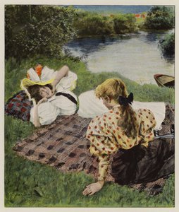 Dos mujeres jóvenes relajándose en la orilla de un río discutiendo estar enamoradas (litografia en color) de Oscar Bluhm