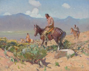 Indios a caballo (Cacería de verano) (óleo sobre lienzo) de Oscar Edward Berninghaus
