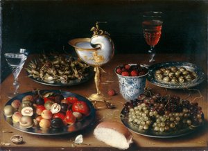 Bodegón con copa de nautilo, fruta, nueces y vino, c.1610 (óleo sobre tabla de roble) de Osias the Elder Beert