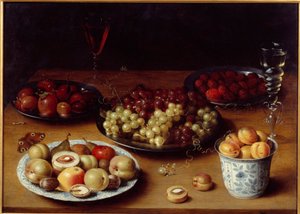 Bodegón de frutas y vaso