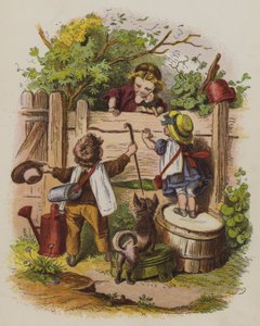 Tres niños charlando sobre una cerca de jardín de Oskar Pletsch