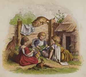 Tres niñas jugando con sus conejos, observadas por un gato