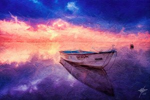 Reflejo sereno de un barco al atardecer de Osvaldo Russo