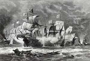 El Vanguard, bajo Sir William Winter, enfrentando a la Armada Española, de 