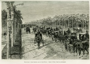 Buenos Aires, Avenida Sarmiento, Parque Tres de Febrero. Grabado por Tofani, para ilustrar la historia Viaje a la Plata, en 1886, por Emile Daireaux, en le tour du monde 1888, dirigido por Edouard Charton (1807-1890), Hachette, París. de Oswaldo Tofani