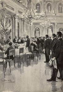 Diplomáticos italianos brindando juntos, París, Francia, grabado de un dibujo de Gennaro Amato, de un boceto de Osvaldo Tofani, de L