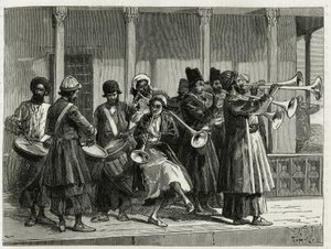 Músicos saludando el amanecer en Isfahan (o Isfahan, ciudad de Irán). Grabado por Tofani, para ilustrar la historia "Persia, Caldea y Susiana"