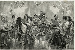 Feria comercial china de Narcisso, Daraga, Filipinas. Grabado por Tofani, para ilustrar la historia "Viaje a Filipinas" de Oswaldo Tofani