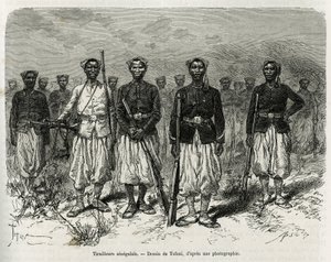 Jinetes senegaleses de la escolta de la expedición. Grabado por Tofani, ilustración de la historia de Exploración en Alto Níger, por el Comandante Gallieni, de la Infantería de Marina, en 1880-1881, publicado en el Tour du monde, bajo la dirección de Edoua de Oswaldo Tofani