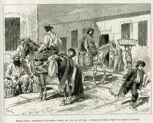 Pequeños negocios, vendedores de periódicos, lecherías, vendedores de frutas, etc... en las calles de Buenos Aires (Argentina). Grabado por Tofani para ilustrar la historia 