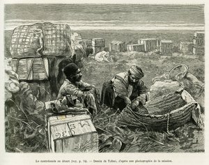Contrabando de excavaciones arqueológicas en el desierto persa. Grabado por Tofani, para ilustrar la historia A Suse de Oswaldo Tofani