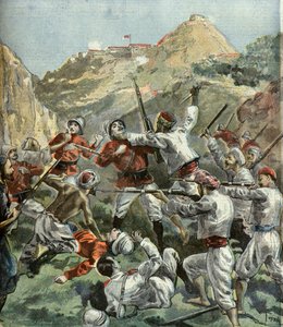 Los británicos son atacados en el fuerte de Mala - Khan durante una revuelta en la India en 1897 (Grabado)