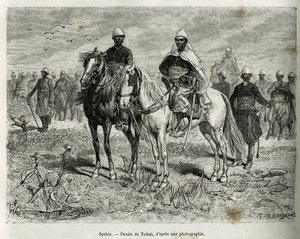 Los Spahis de la escolta de la expedición. Grabado por Tofani, para ilustrar la historia de Exploración en el Alto Níger, por el Comandante Gallieni, de la Infantería de Marina, en 1880-1881, publicado en Le tour du monde, bajo la dirección de Edouard Char de Oswaldo Tofani