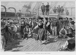 Los emigrantes a bordo. Grabado por Tofani para ilustrar la historia Viaje a la Plata, tres meses de vacaciones por Emile Blaireaux en 1886, en le tour du monde 1887, bajo la dirección de Edouard Charton (1807-1890), Hachette, París. de Oswaldo Tofani
