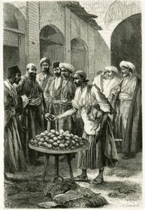 El comerciante de pescado en Kachan (o Kashan, en la provincia de Teherán, actual Irán). Ilustración de la historia “Persia, Caldea y Susiana” en 1881-1882, por Jane Dieulafoy (de soltera Magre)