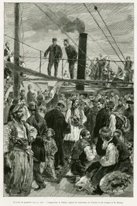 La cubierta del barco. Grabado por Tofani para ilustrar la historia Viaje en Tesalia en 1882, por Paul Monceaux, en le tour du monde 1887, dirigido por Edouard Charton (1807-1890), Hachette, París. de Oswaldo Tofani
