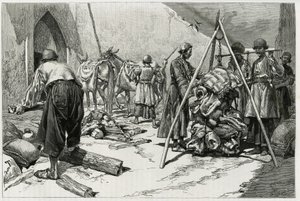 El pesaje del equipaje antes de la partida de la Expedición Nupcial Delafoy. Grabado por Tofani, para ilustrar la historia "Persia, Caldea y Susiana" de Oswaldo Tofani