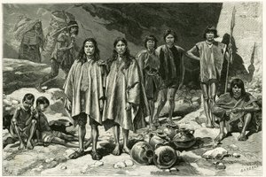 Tipos de indios de las Cordilleras de Ecuador, a la izquierda, en el fondo, Yumbos de Nanegal, en primer plano Lojanos, en el medio una pareja de Zaparos, a la derecha, guerreros Jívaros. Grabado por Tofani, basado en documentos, para ilustrar la historia