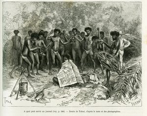 ¿Para qué puede servir un periódico? Grabado por Tofani, para ilustrar la historia Chez les cannibales, Viaje en el noreste de Australia de Oswaldo Tofani