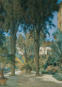 Vista de la embajada en Roma: zona ajardinada con dos cipreses de Othmar Brioschi