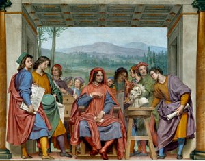 Lorenzo de Medici (1449-1492) (Lorenzo el Magnífico: Lorenzo il Magnifico) sentado en medio de artistas florentinos. Admira una cabeza de fauna de Miguel Ángel. Fresco de Ottavio Vannini (1585-1643). 1635 aproximadamente de Ottavio Vannini