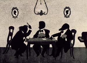 Juego de cartas entre Johannes Brahms (1833-1897), Richard Strauss (1864-1949) y Hans Richter (1843-1916), silueta negra de Otto Bohler (1847-1913) de Otto Bohler