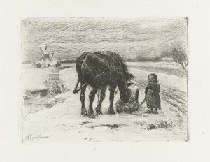 Paisaje nevado con niño y caballo. de Otto Eerelman